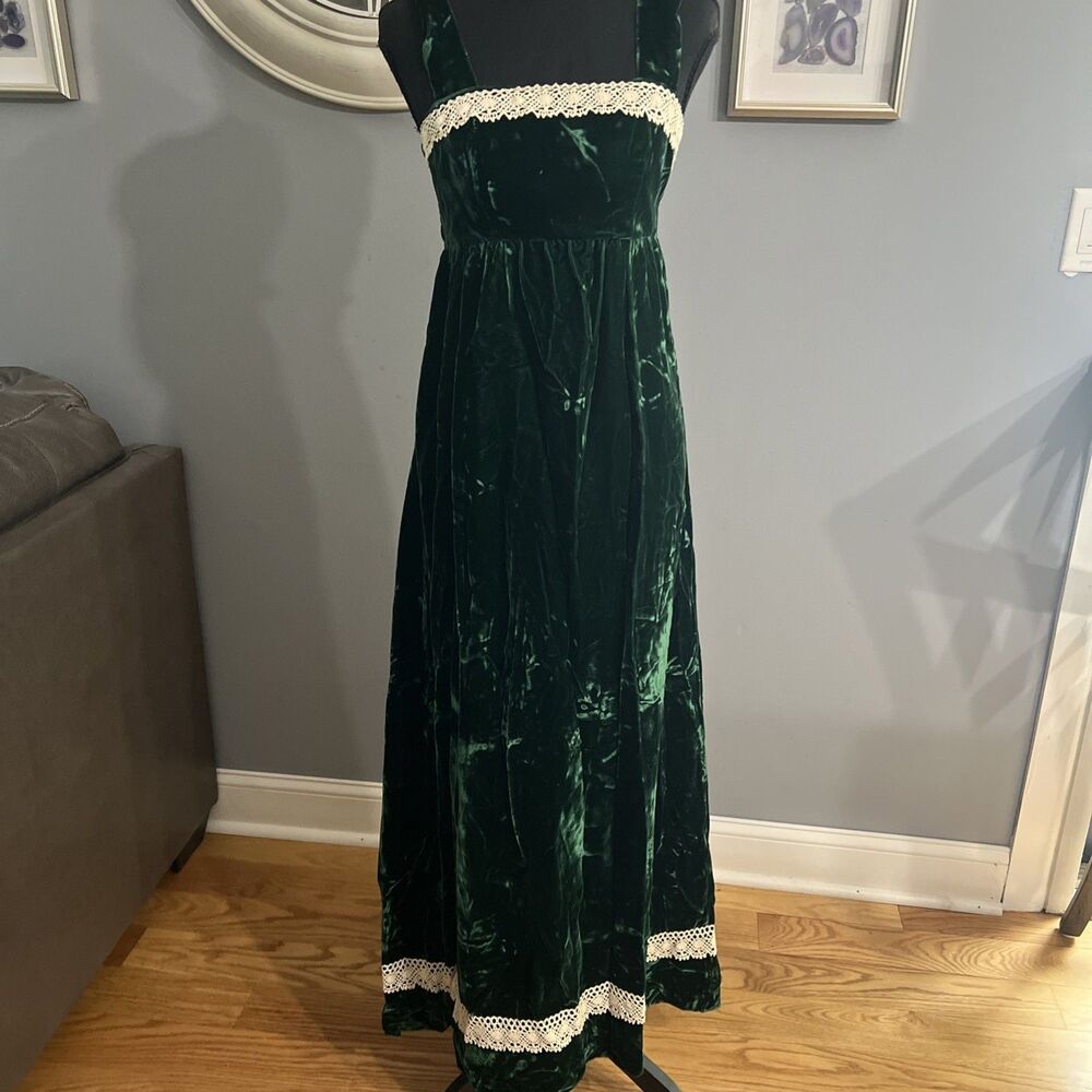 Vintage Green Velvet Dress 1980's Lace Long
